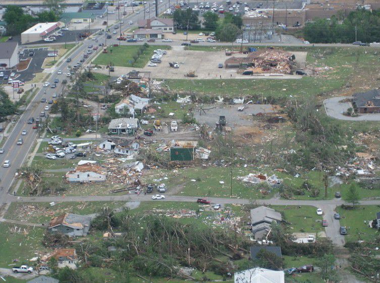 Aerial view of tornado damage in Trenton, Georgia
