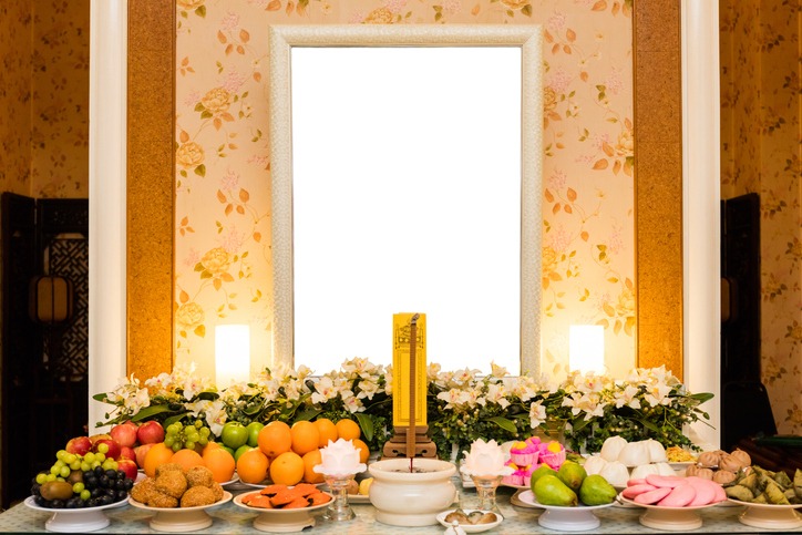 Traditional Chinese Mourning Hall with blank photo frame