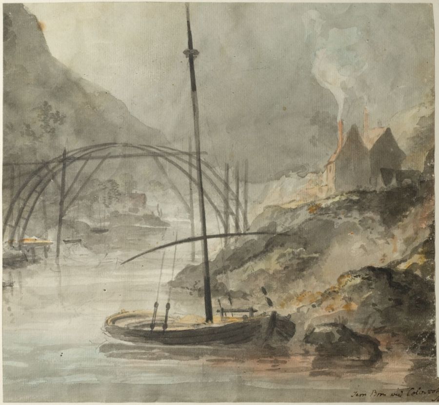 Elias Martin’s painting of the Iron Bridge under construction in July 1779