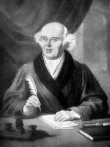 A black and white drawing of Samuel Hahnemann