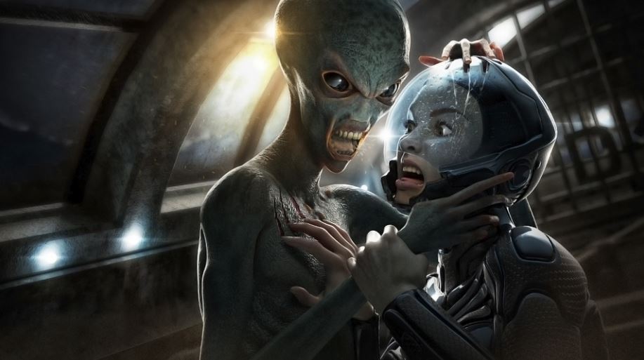 A CGI of alien attacking a girl